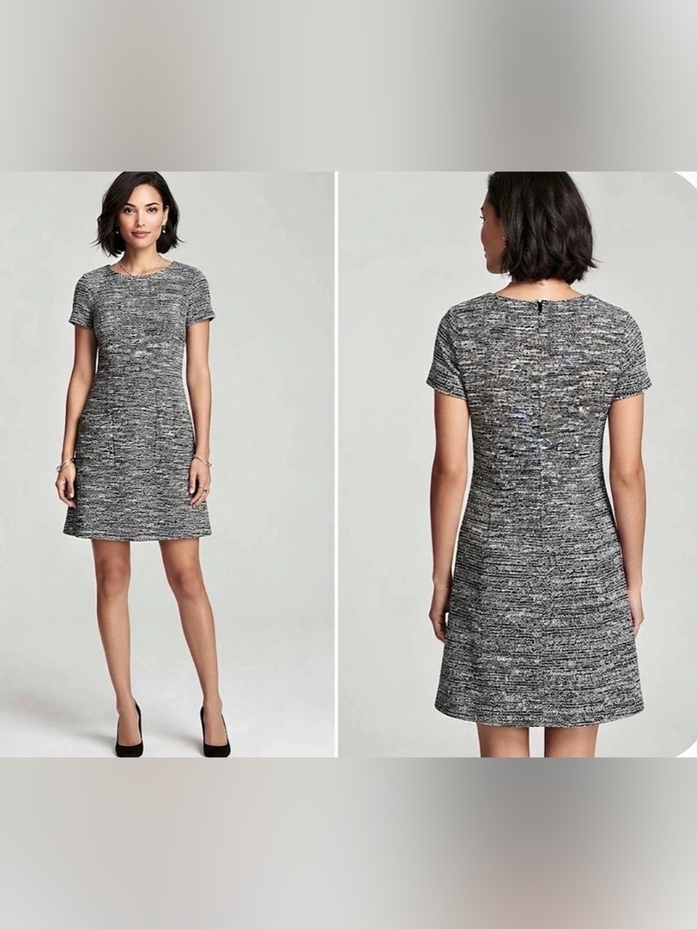LOFT Short-Sleeve Tweed Shift Dress Gray & Black Size 10